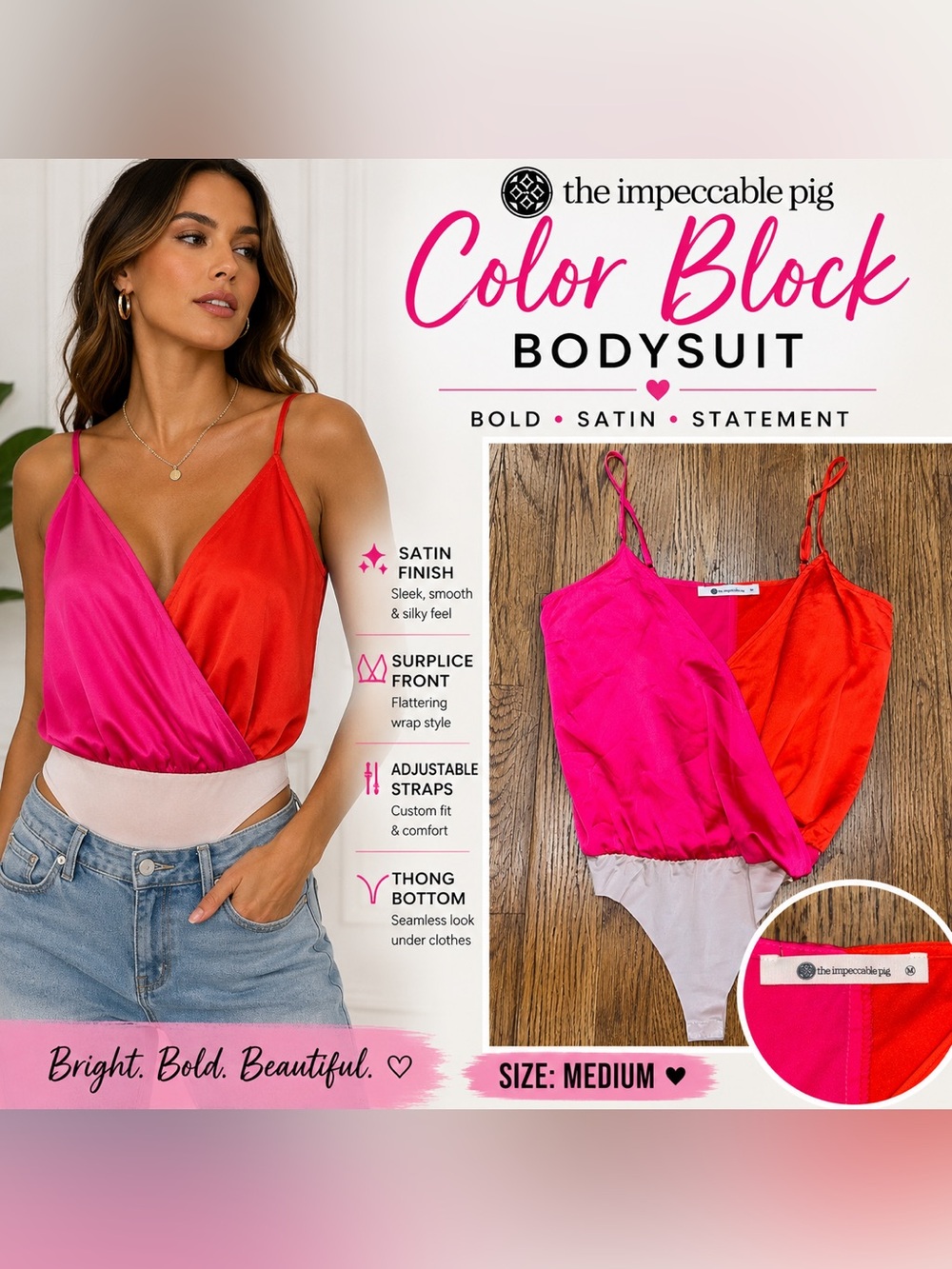 The Impeccable Pig Color Block Satin Bodysuit Pink Red Size M